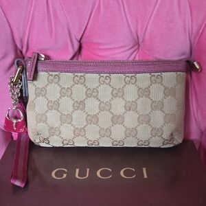 Gucci Beige GG Canvas Wristlet with Pink Trim